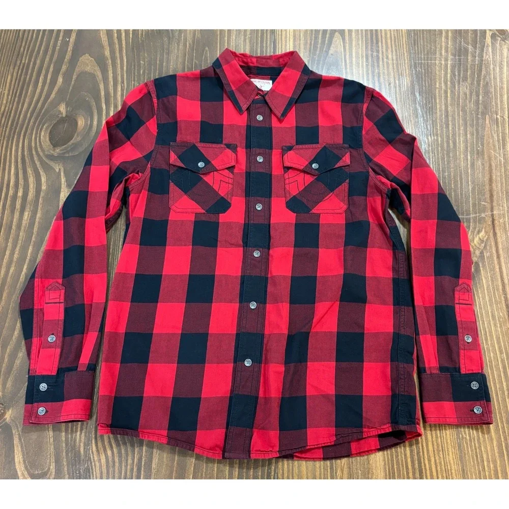 TRUE RELIGION Brand‎ Jeans Mens Small Red Black Buffalo Plaid Flannel Shirt